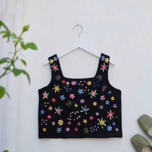 Bloomburst Embroidered Linen Crop Top