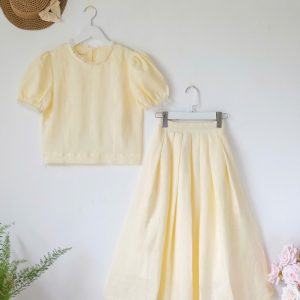 Lemon Cream Linen Set – Puff Sleeve Top & Midi Skirt