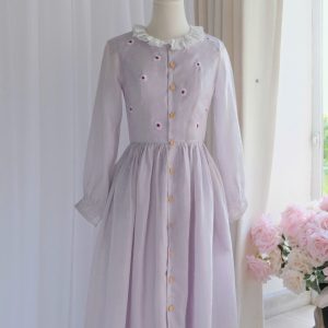 Lavender Daisy Embroidered Linen Dress