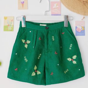 Evergreen Embroidered Linen Shorts
