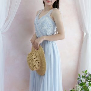 Sky Blue Lace Chiffon Midi Dress – Soft Vintage Elegance