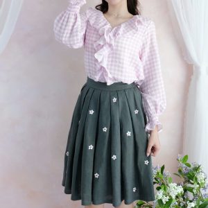 Vintage Pink Gingham Ruffle Top & Floral A-Line Skirt Set